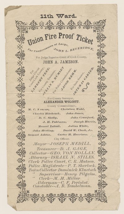 Handbill of the 11th Ward Union Fire Proof Ticket, Chicago, 1871 by American School